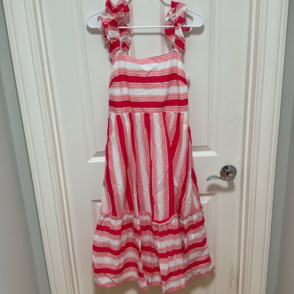 J. Crew Pink and White Striped Midi Dress with Ruffle Straps